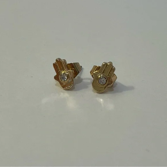 Hamsa Hand‎ Gold Rhinestone Stud Earrings Dainty Timeless Quiet Luxury Mystical - Picture 2 of 9